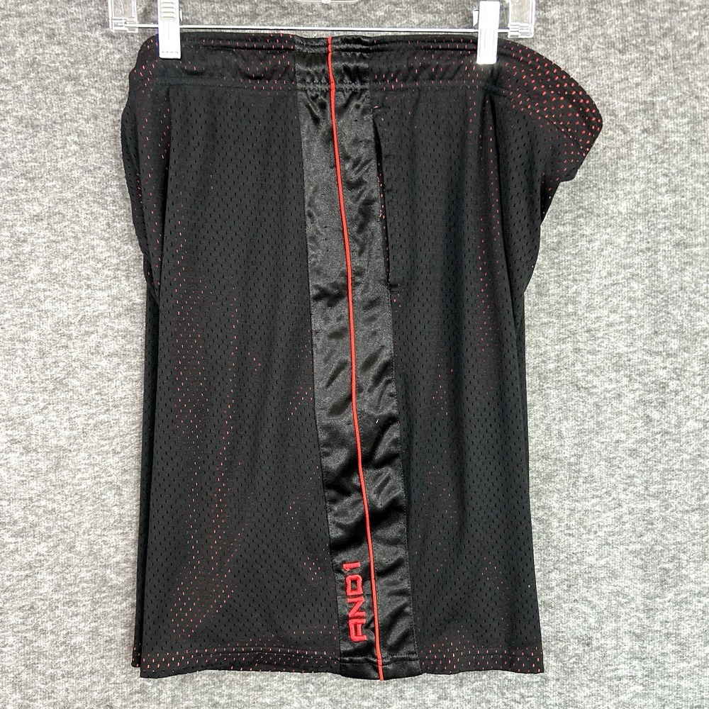 VTG Y2K AND1 Basketball Short Size XL Satin Baggy Black Red Silky Dazzle 10"